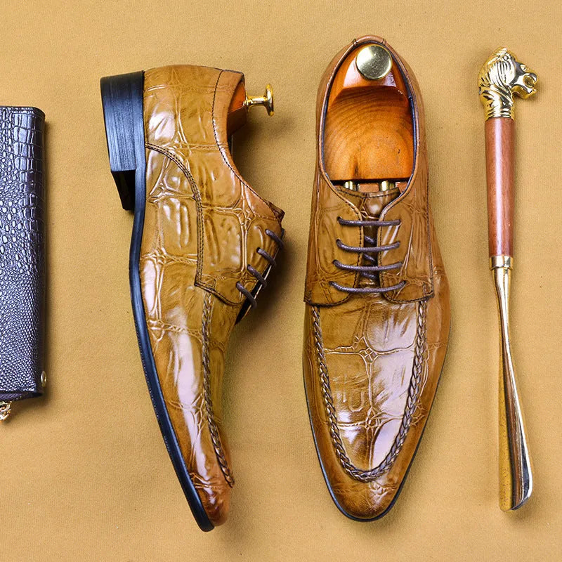 Men's black leather business shoes with alligator pattern texture and silver horse bit buckle