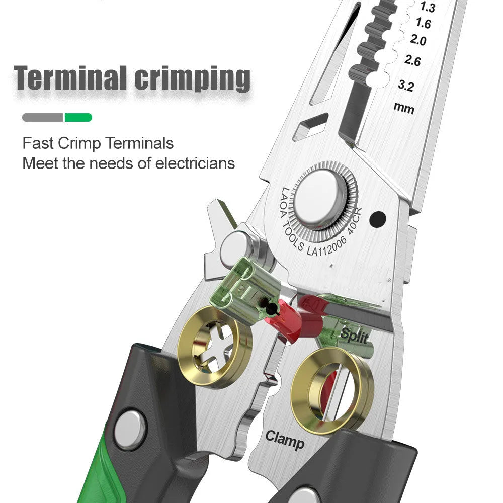 Stainless steel wire stripper tool with two-colour handle and seven labelled stripping apertures