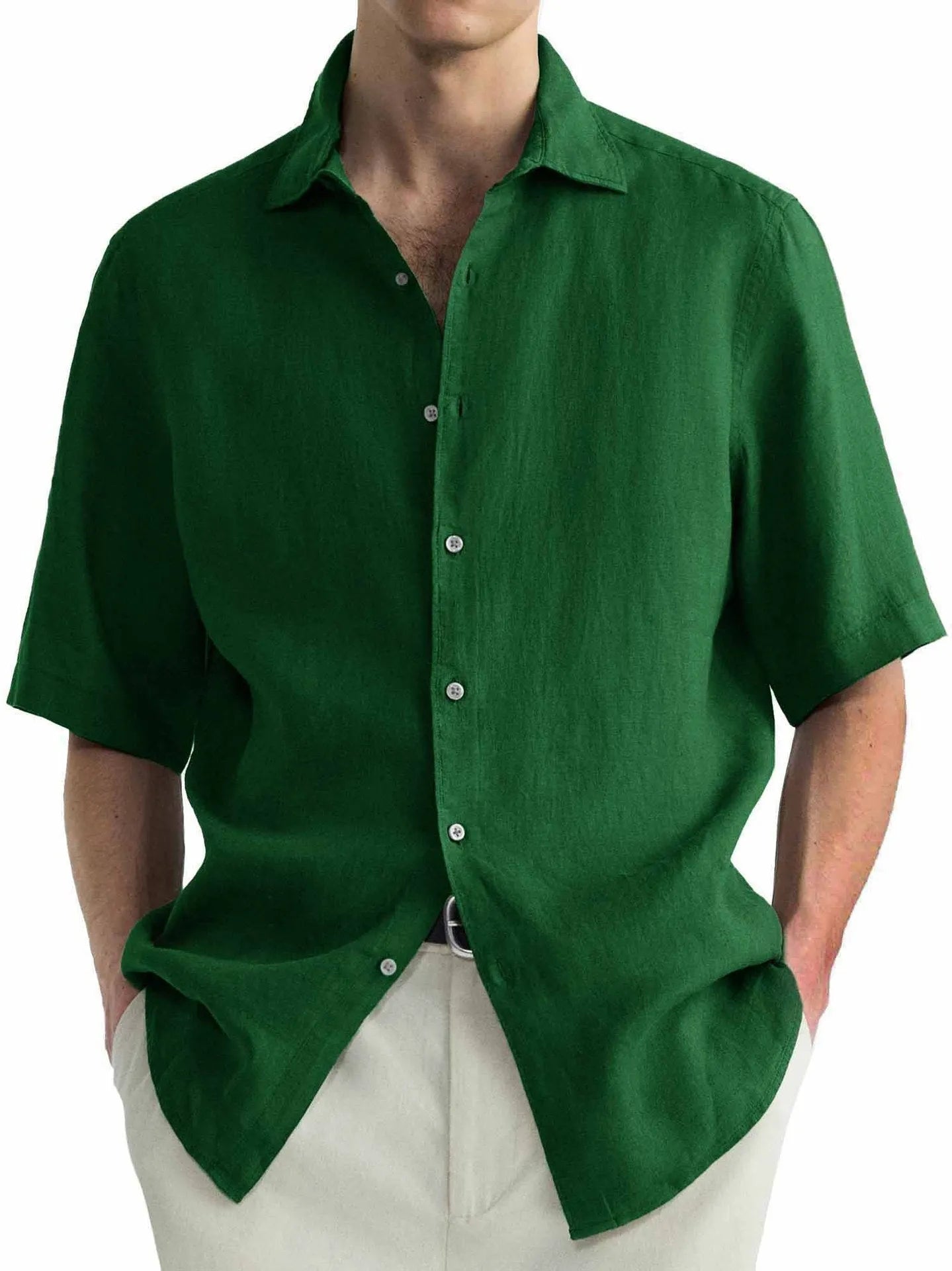 Green men's casual cardigan shirt made from washed cotton, shown on a model.