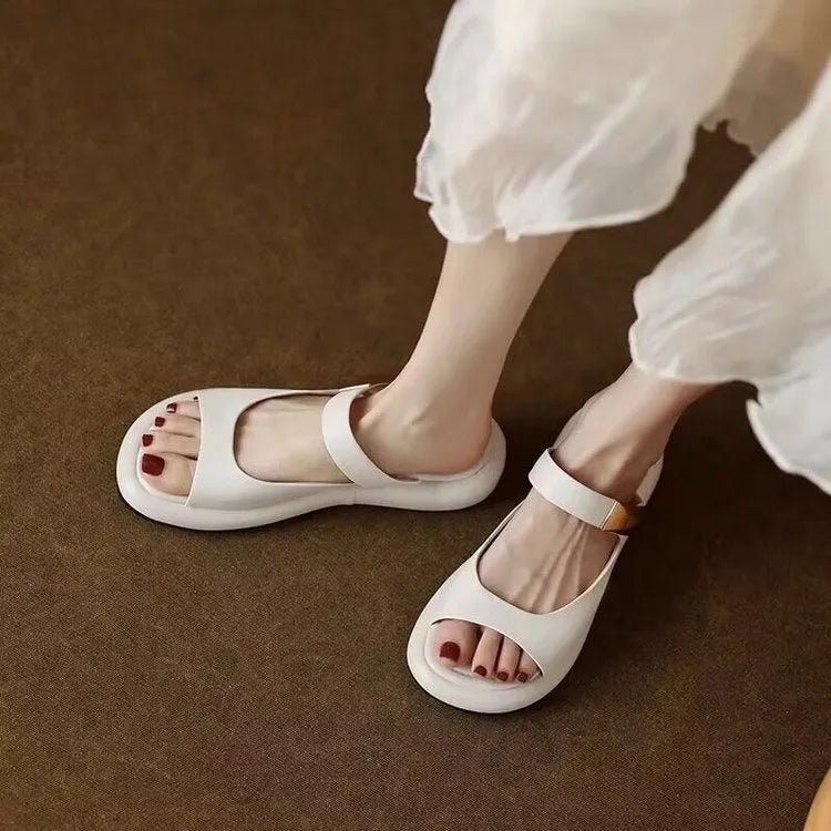 Apricot and white peep toe flat sandals with French leather upper and rubber platform sole