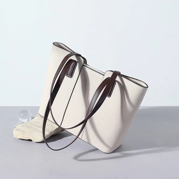 Genuine leather women's commuter shoulder bag in box-type design with mobile phone pocket
