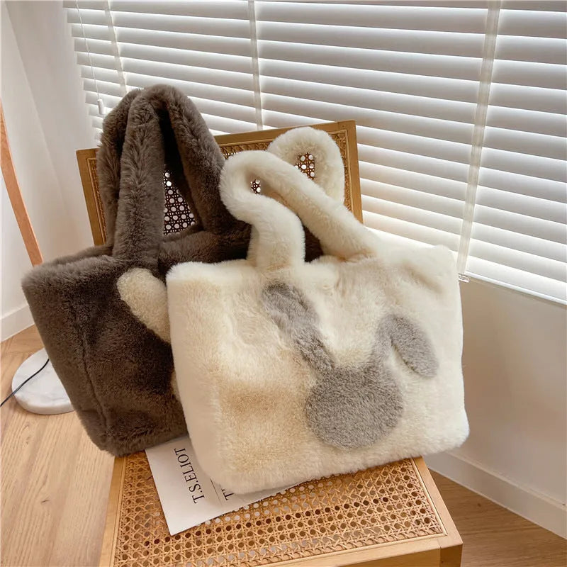 Cartoon rabbit ears plush shoulder bag in large tote style