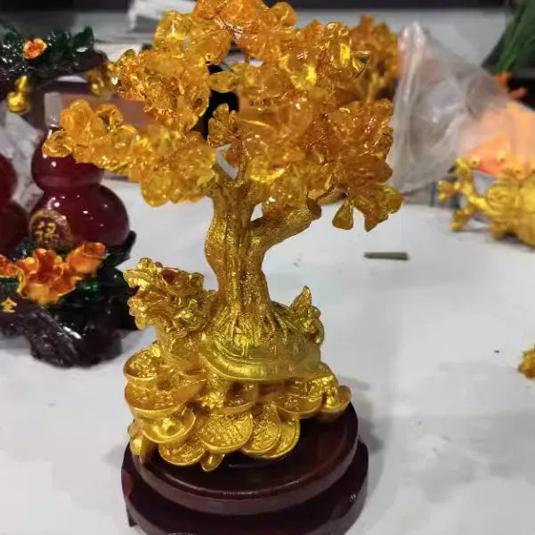 Citrine resin money tree ornament with small water turtle design for Feng Shui decoration