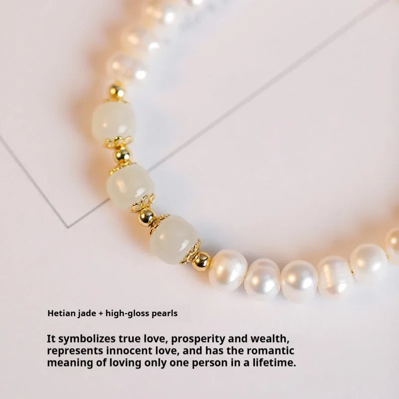 Korean style natural freshwater pearl bracelet with diamond-shaped beads in a Hetian jade electroplated finish.