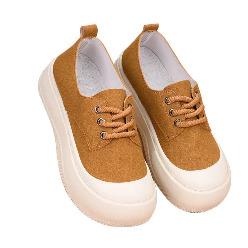 Women's camel suede platform loafers with 4cm heel, round toe, and front lace-up.
