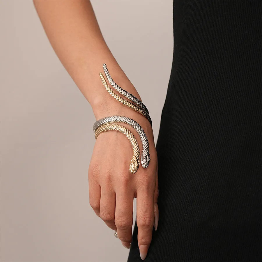 Gold electroplated exaggerated twisted snake design ring and bracelet jewellery set