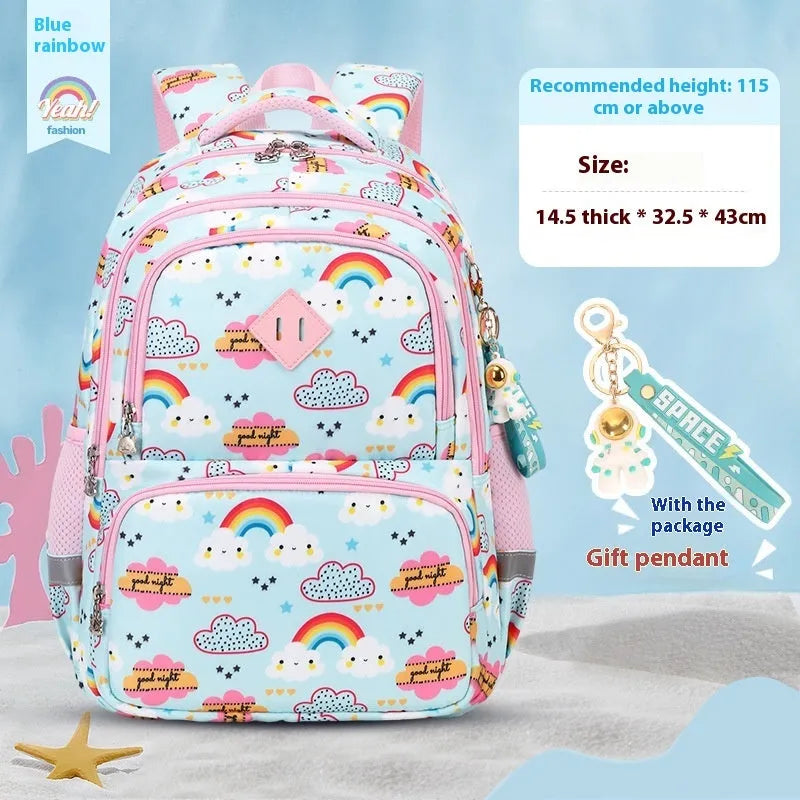 Blue children's waterproof school backpack with dinosaur pattern and curved shoulder straps on a white background.