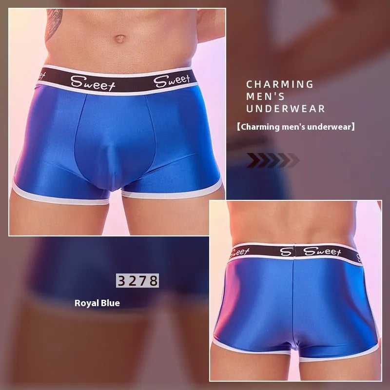 Men's shiny silky nylon boxer shorts in free size available in black, white and sapphire blue colours