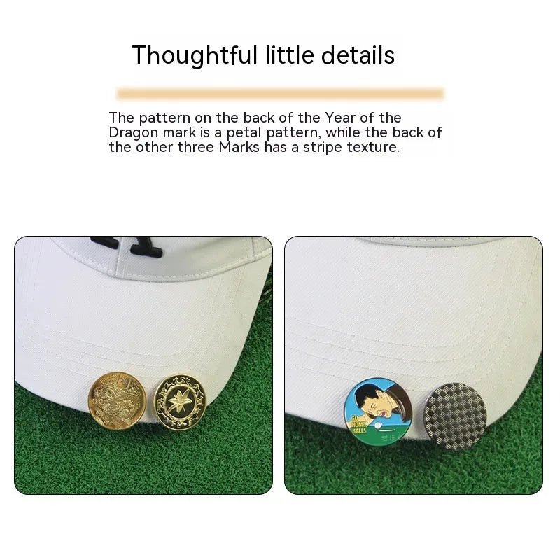 Zinc alloy golf hat clip with engraved Dragon Year design on a cap brim.