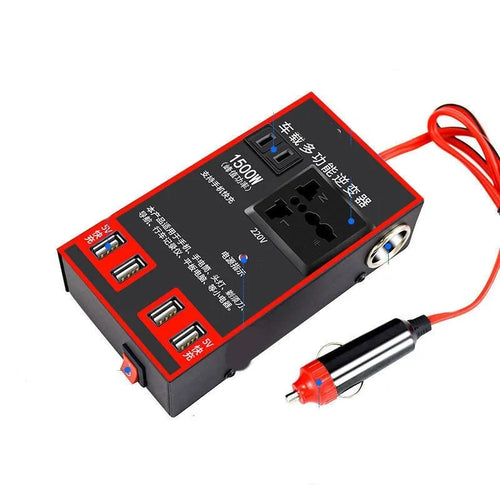 Black 12V 24V to 220V car power converter with AC socket and 4 USB charging ports