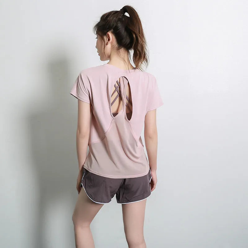Women's lightweight polyester short sleeve sports T-shirt for fitness in grey green.