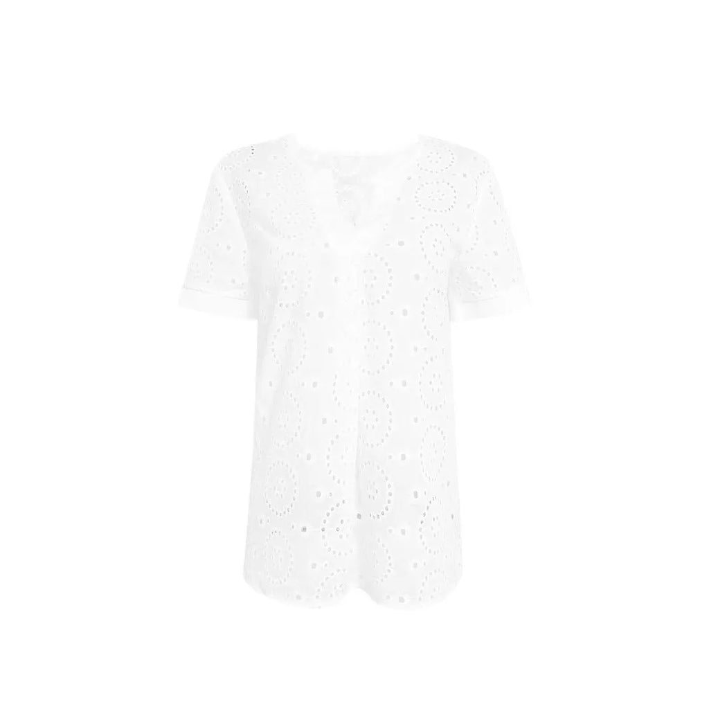 White women's V-neck T-shirt with hollow out French elegant detailing and short sleeves
