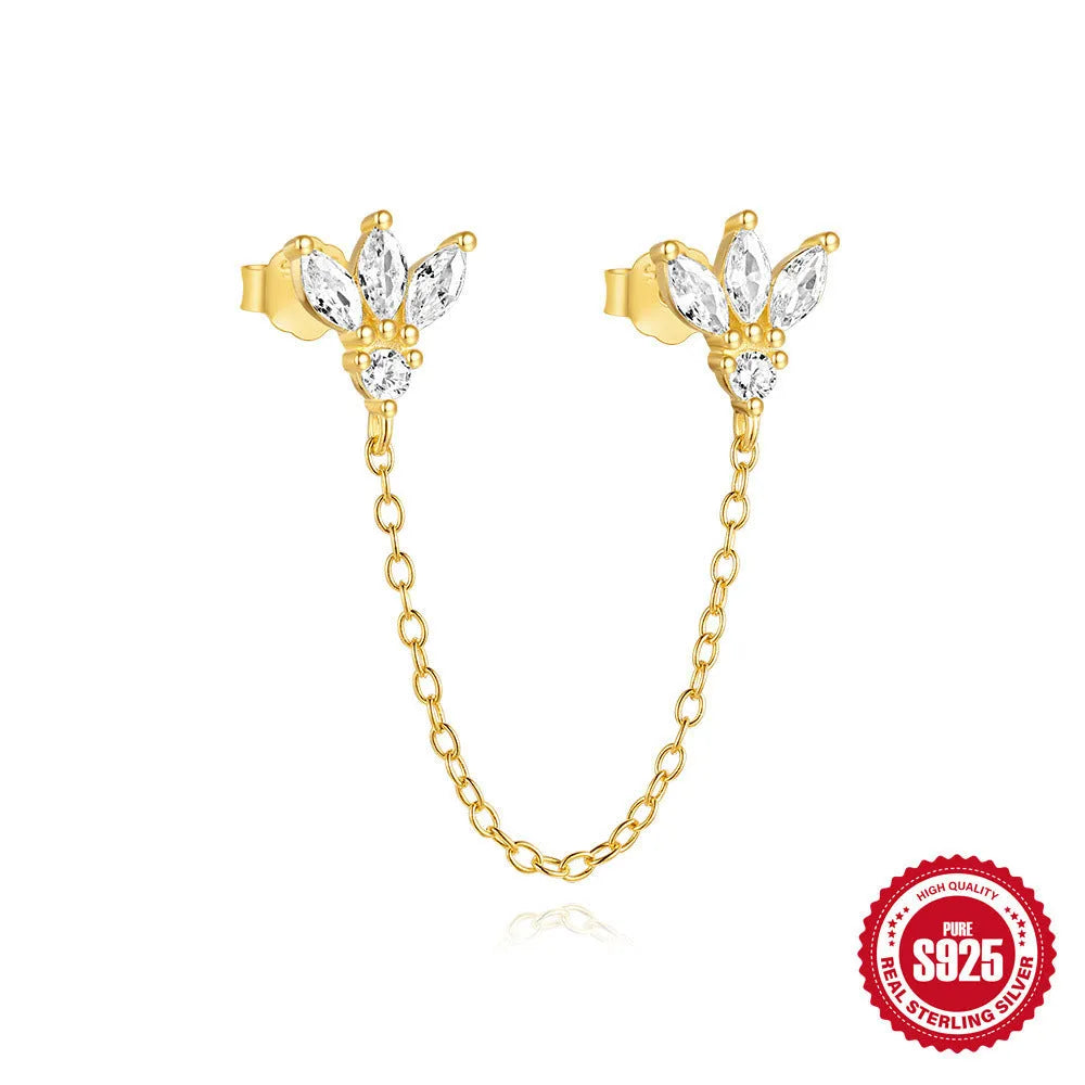 Golden geometric sterling silver earrings with zircon details for double piercings