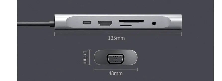 Grey aluminium USB-C docking station with HDMI, VGA, USB ports and a short connecting cable
