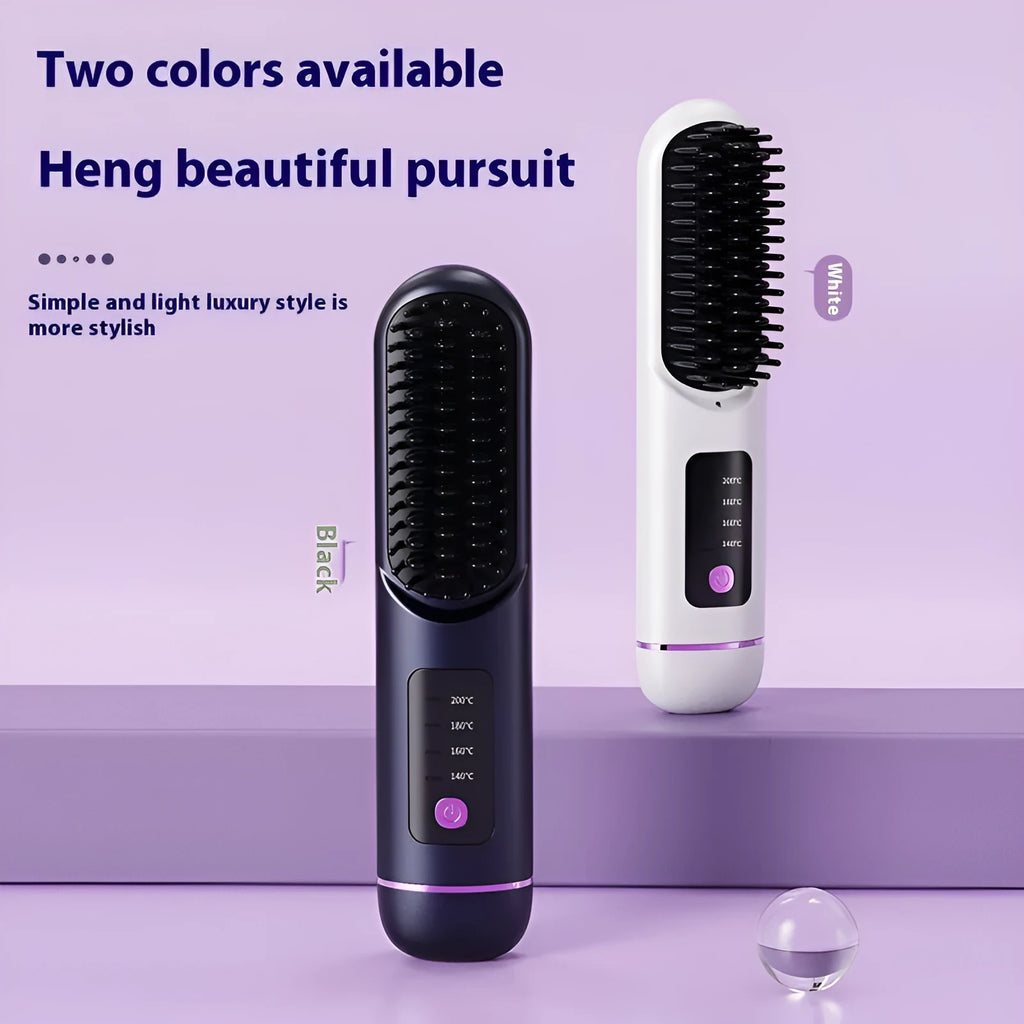 A white portable negative ion hair comb with USB charging port on a dark surface.