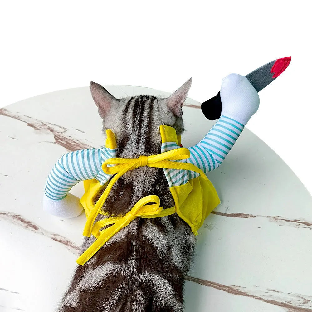 Yellow knife assassin themed cat costume made from polyester fabric in sizes S M L XL