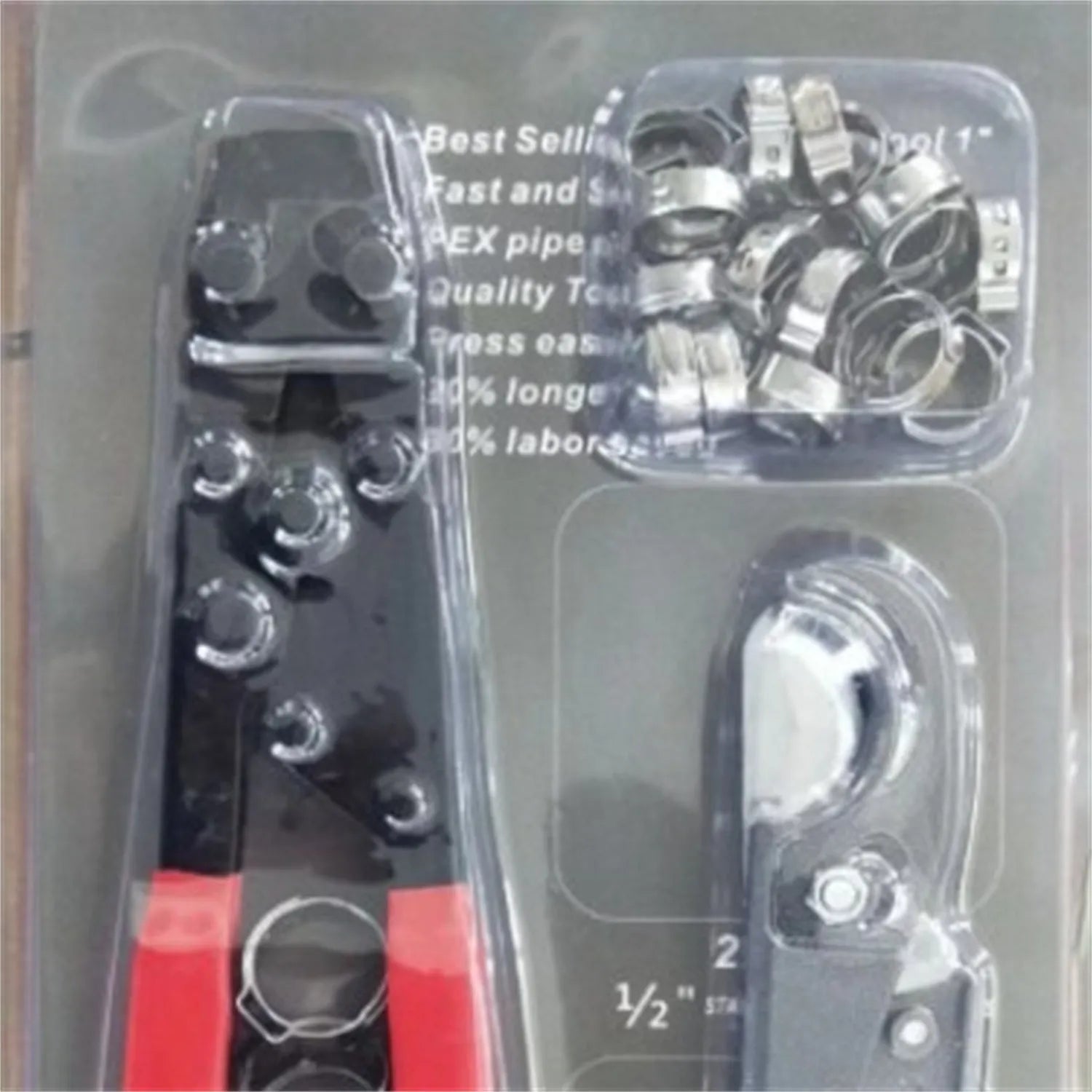 Red cloth covered single ear metal PEX hose clamp with bolt.