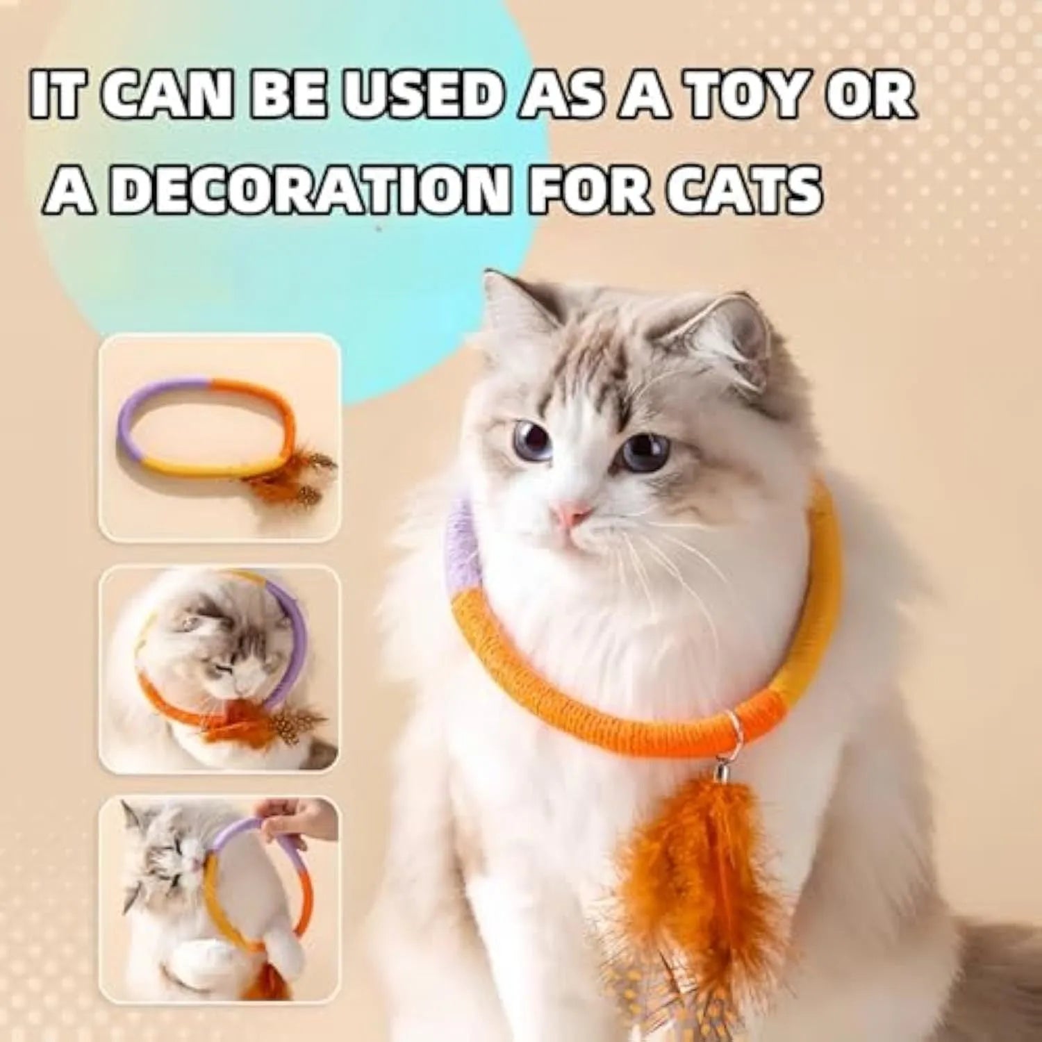 Circular cotton rope cat toy with feathers and catnip filling for indoor feline play