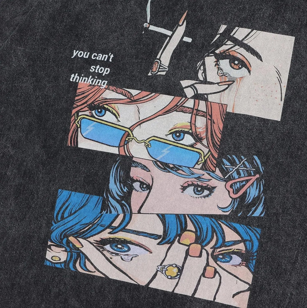 Men's washed black cotton t-shirt with retro cartoon print, loose fit short sleeve streetwear style