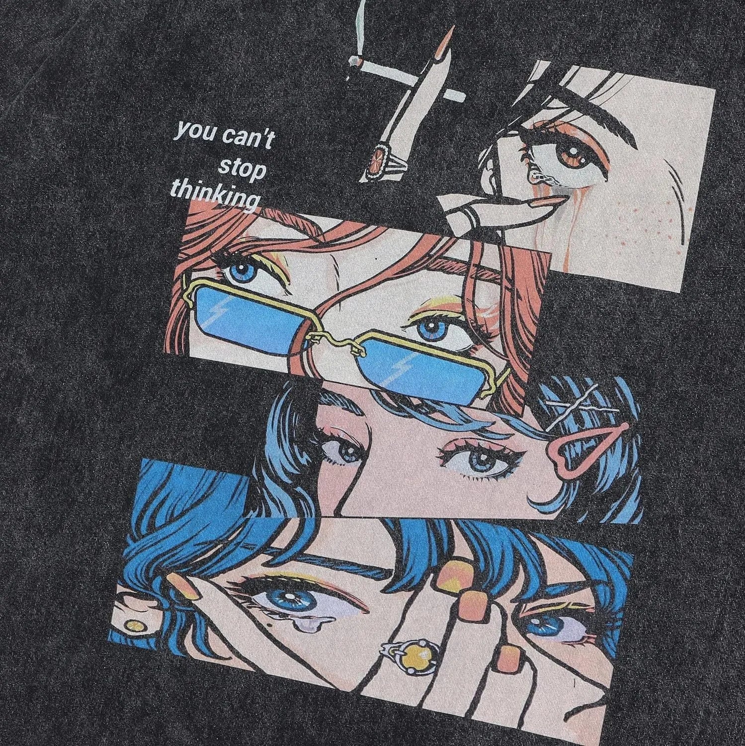 Men's washed black cotton t-shirt with retro cartoon print, loose fit short sleeve streetwear style