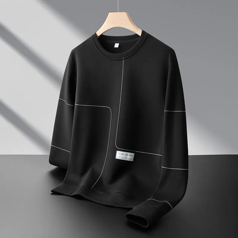 Men's loose round neck cotton stripe pullover sweatshirt with 3D patch pocket, in black, front view