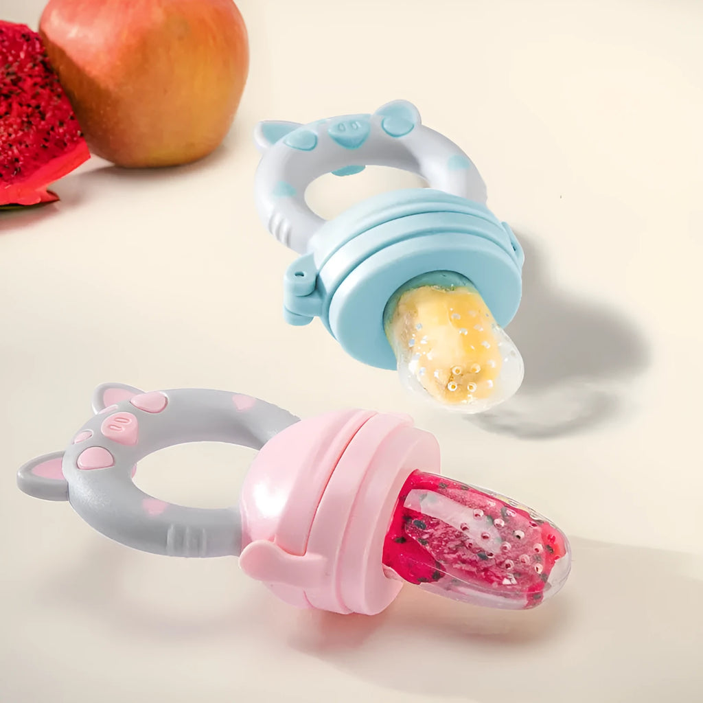 Silicone baby teether chew toy in blue, green, and pink colour options