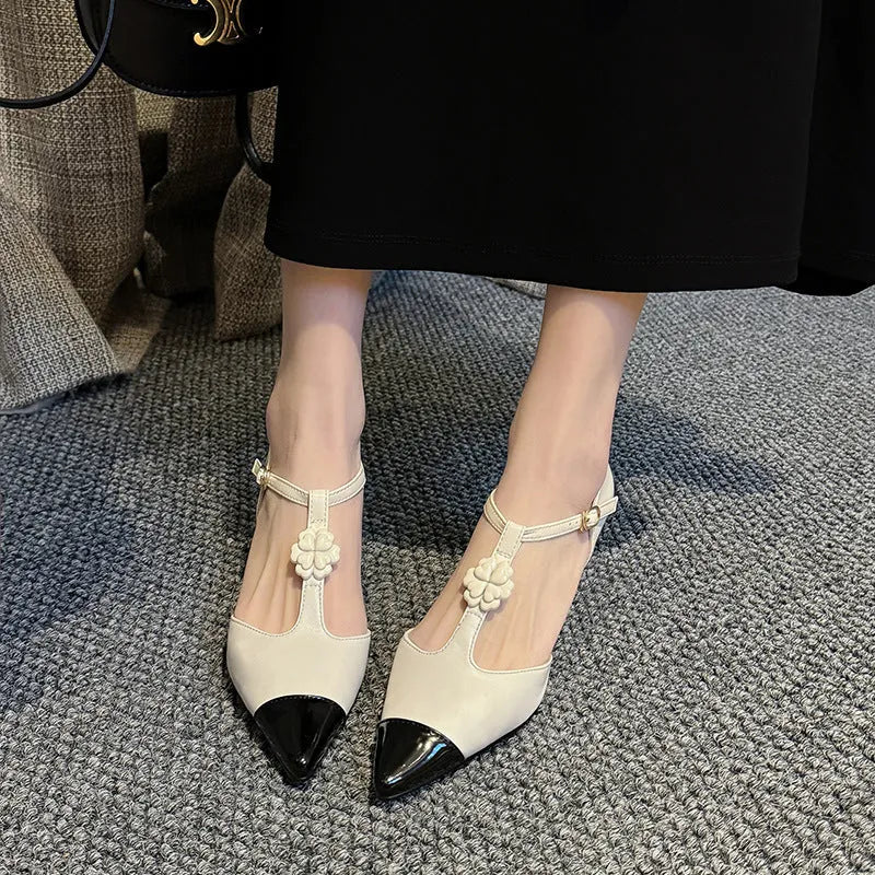 Women's gold black milky white flower stiletto heel pointed toe shoes with buckle