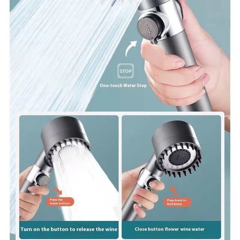 Portable shower head with modern design showing three spray mode controls