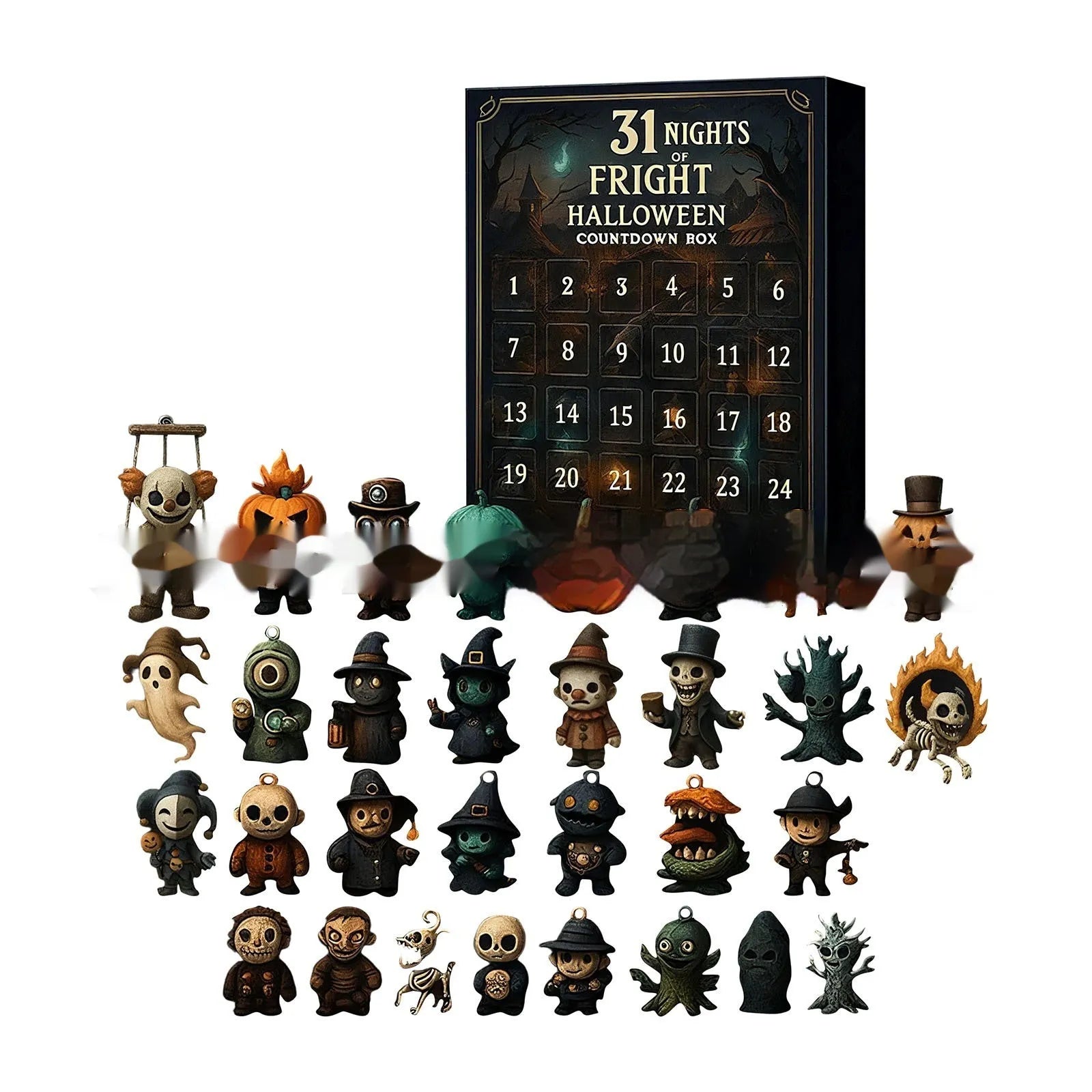 Halloween countdown calendar box with horror doll collectibles in resin and plastic construction