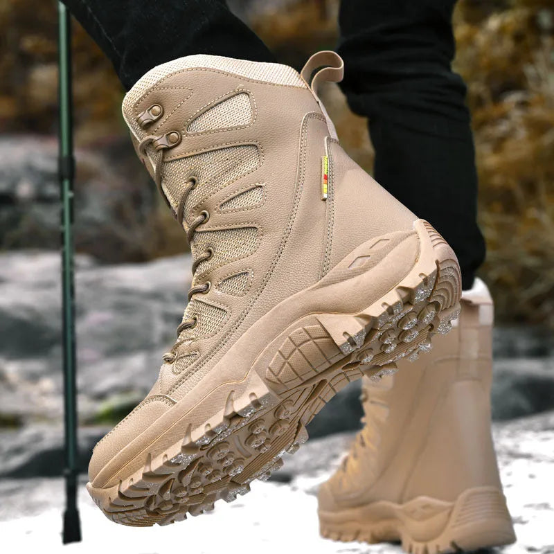 Men's beige cowhide leather hi-top hiking shoes with a platform sole, on a neutral background.