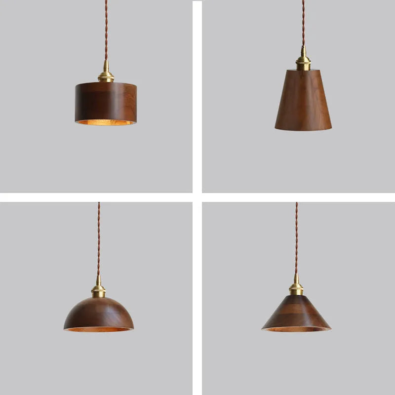 Black walnut wood and copper single-head droplight ceiling chandelier with a fabric cord.