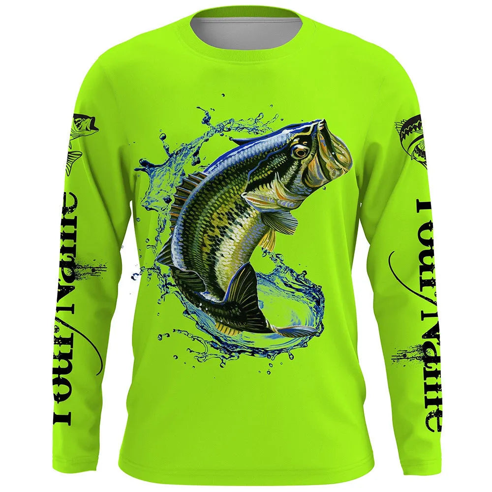 Men's grey pullover top with a colourful fish print design on the long sleeves.