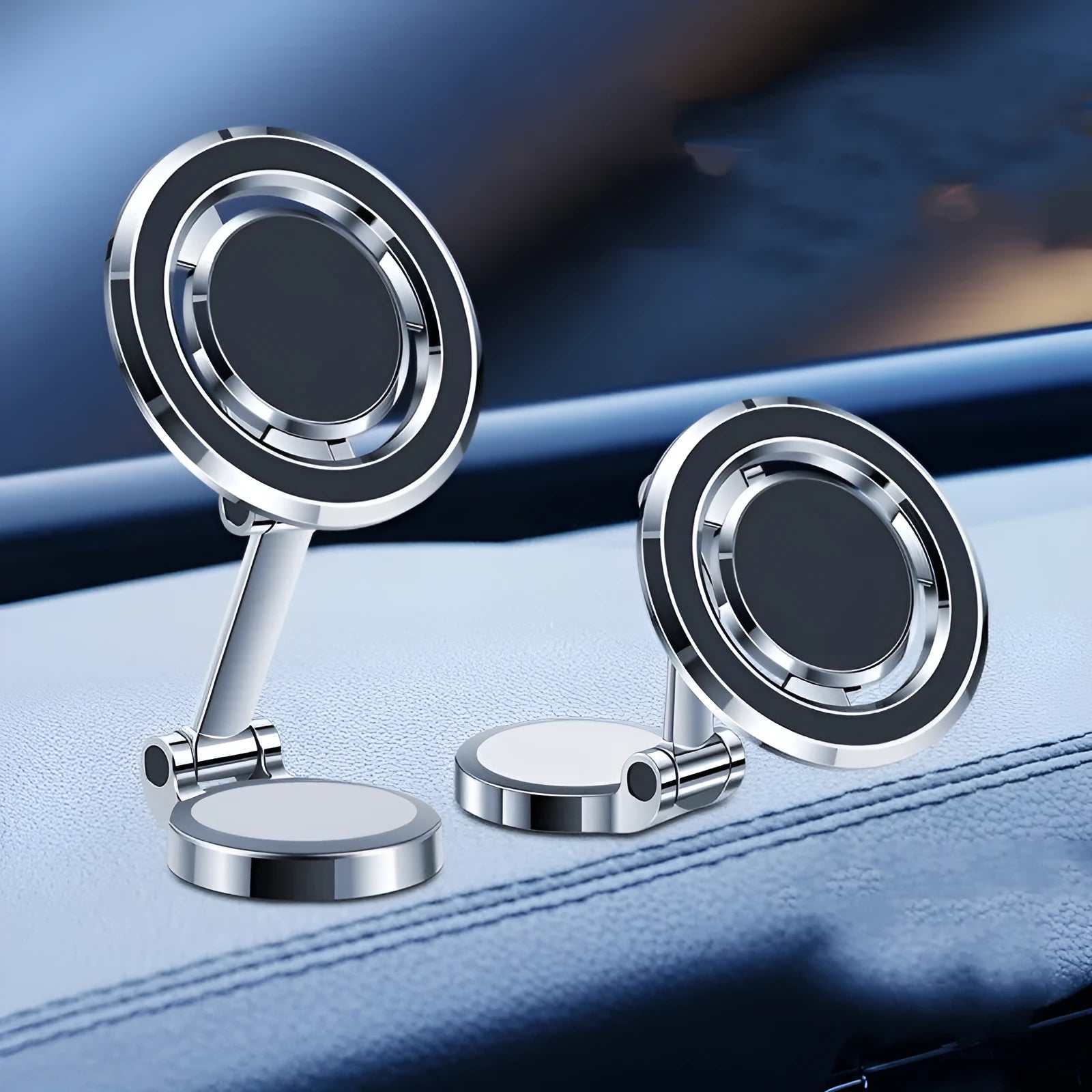 Car centre console mobile phone holder with magnetic clip and 360-degree rotation bracket in black or silver