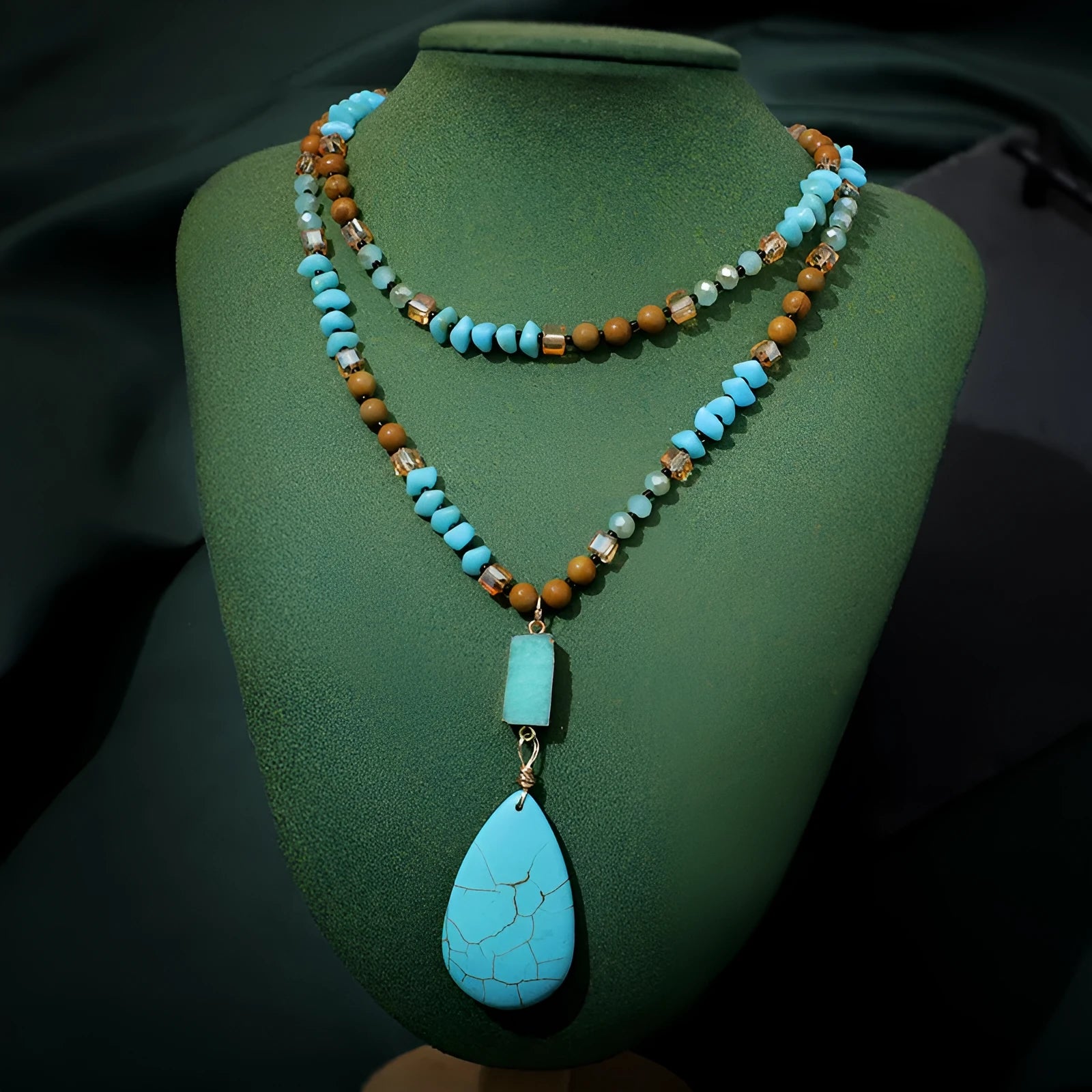 Turquoise blue imitation mineral pendant necklace with water drop shape and ball bead chain