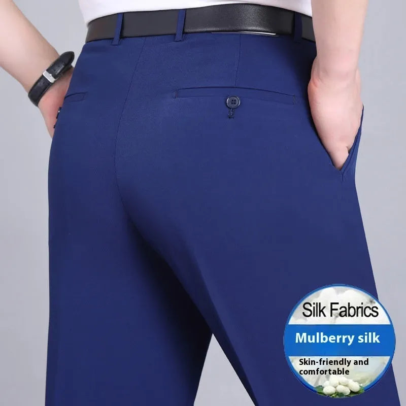 Men's straight-leg business trousers in mulberry silk blend fabric with high waist design