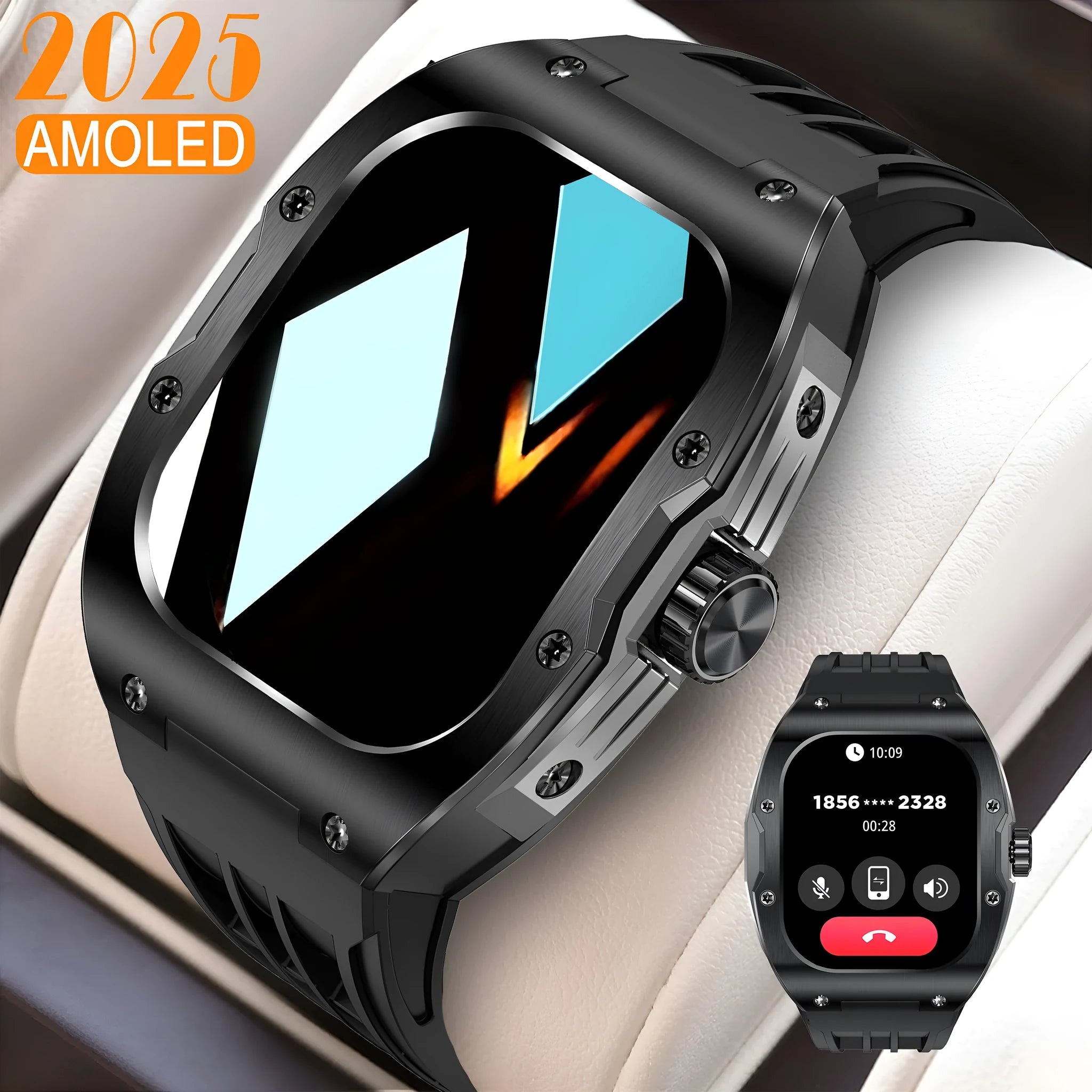 Men's smart watch with Bluetooth calling and AMOLED touch screen on wrist showing fitness tracking display