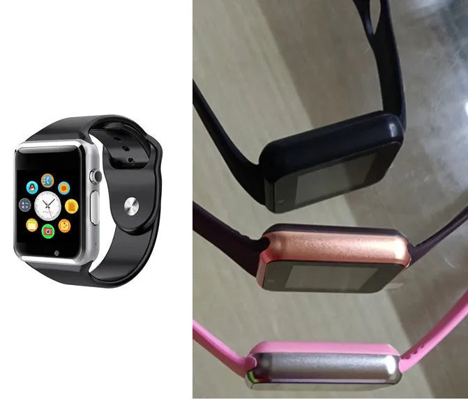 Android smart watch with 1.54-inch screen showing interface, available in black, silver, white, gold, pink, red, green and blue colours.