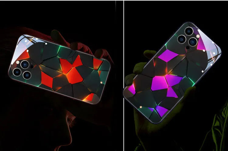 Xpress 14 clear tempered glass iPhone case with illuminated LED notification light on a table.