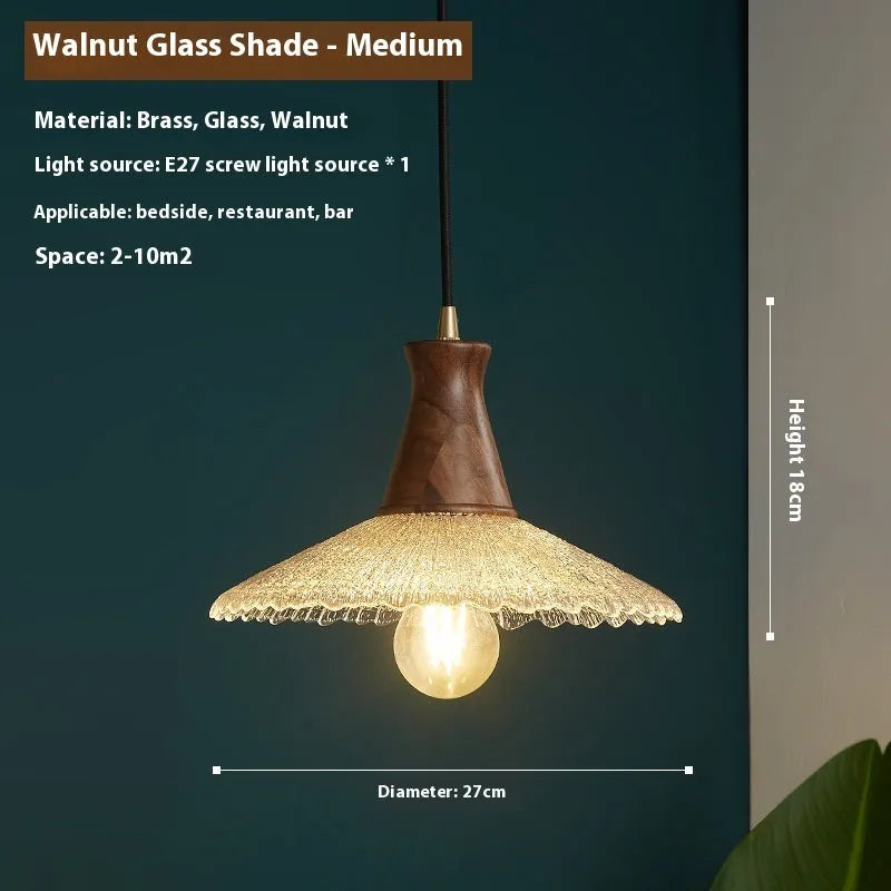 Retro wood and glass ceiling chandelier with brass finish for restaurant lighting