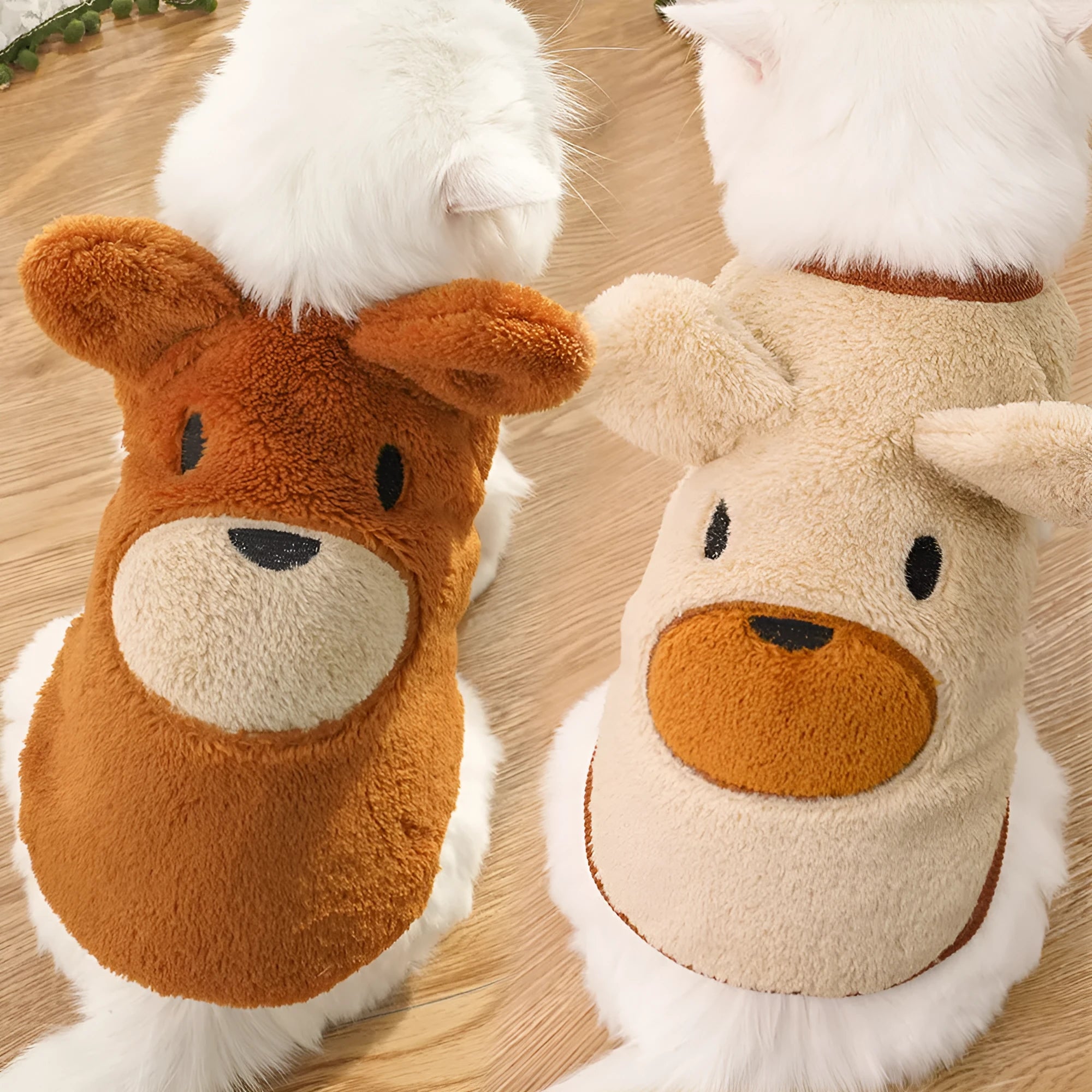 Cream fleece-lined pet dog clothes with brown bear ears on a white background, side view