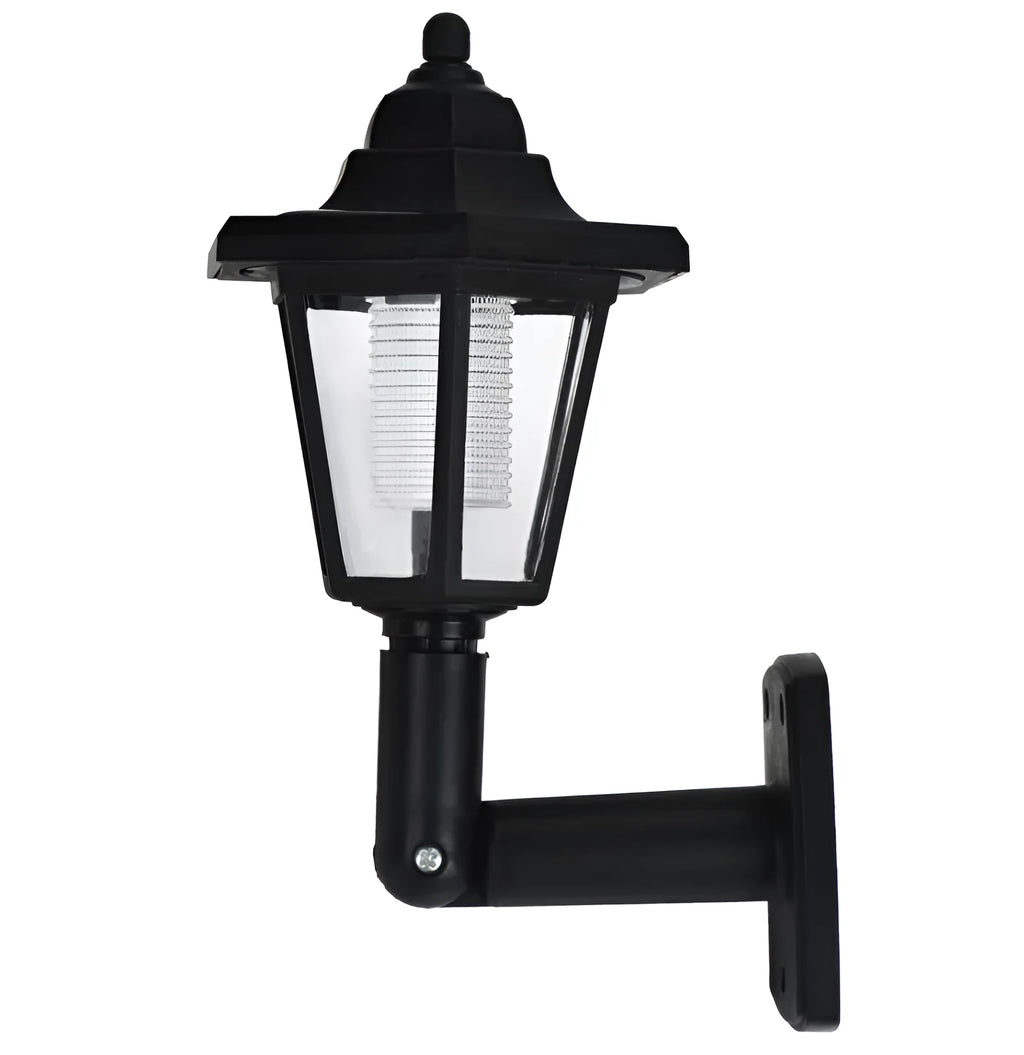 Black hexagonal solar-powered outdoor wall lamp with light sensor and IP44 waterproof rating