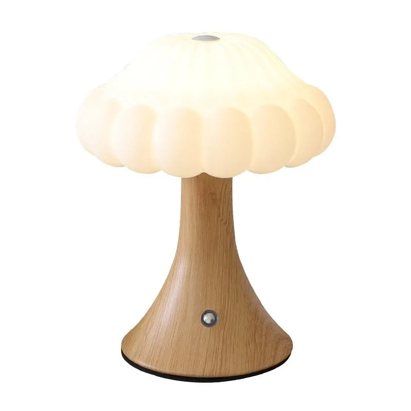 Mushroom-shaped USB rechargeable night lamp with touch control in wood grain finish