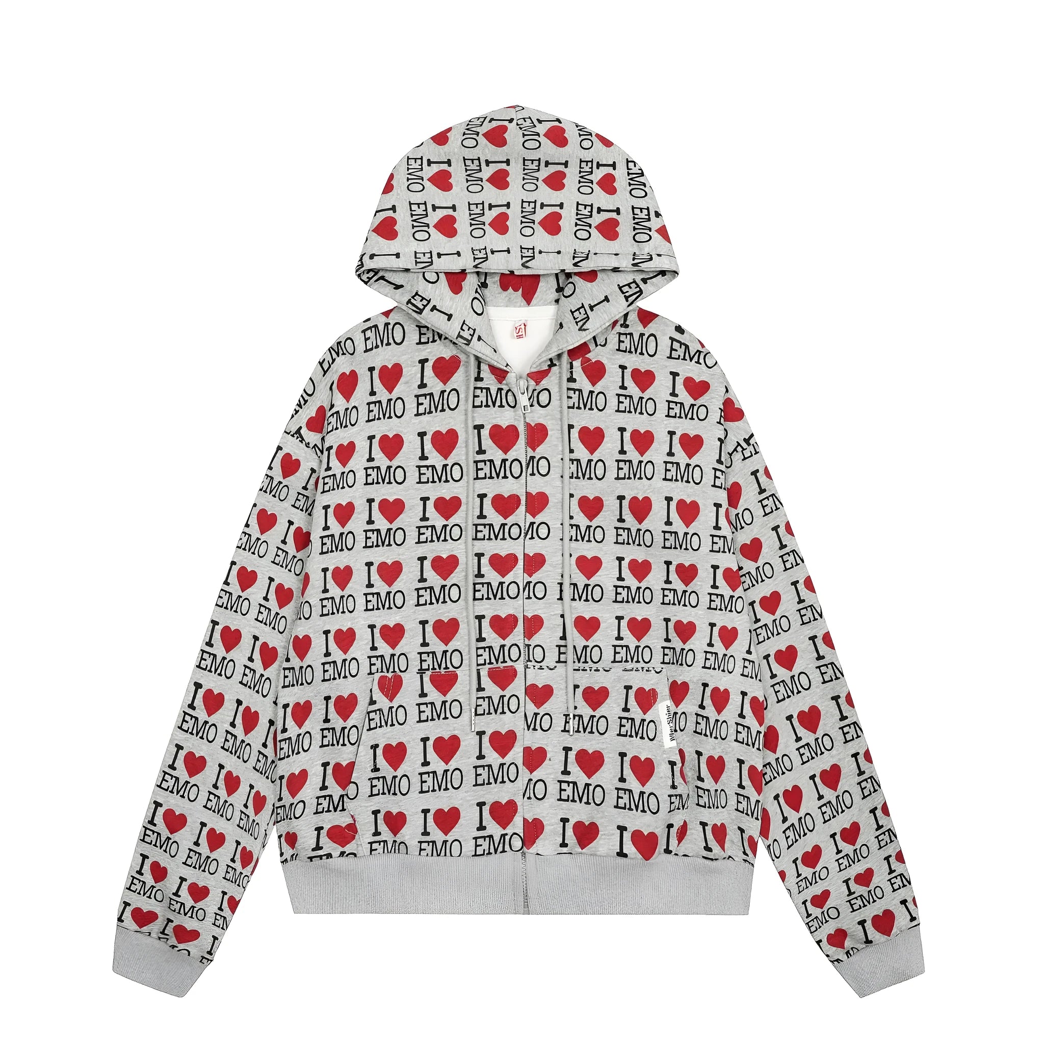 Women's mixed grey cotton cardigan with autumn retro pattern and hooded design