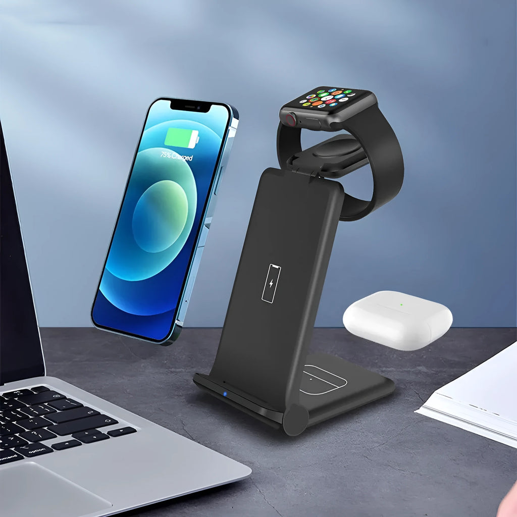 White 3-in-1 wireless charging station with iPhone, Apple Watch and AirPods charging simultaneously