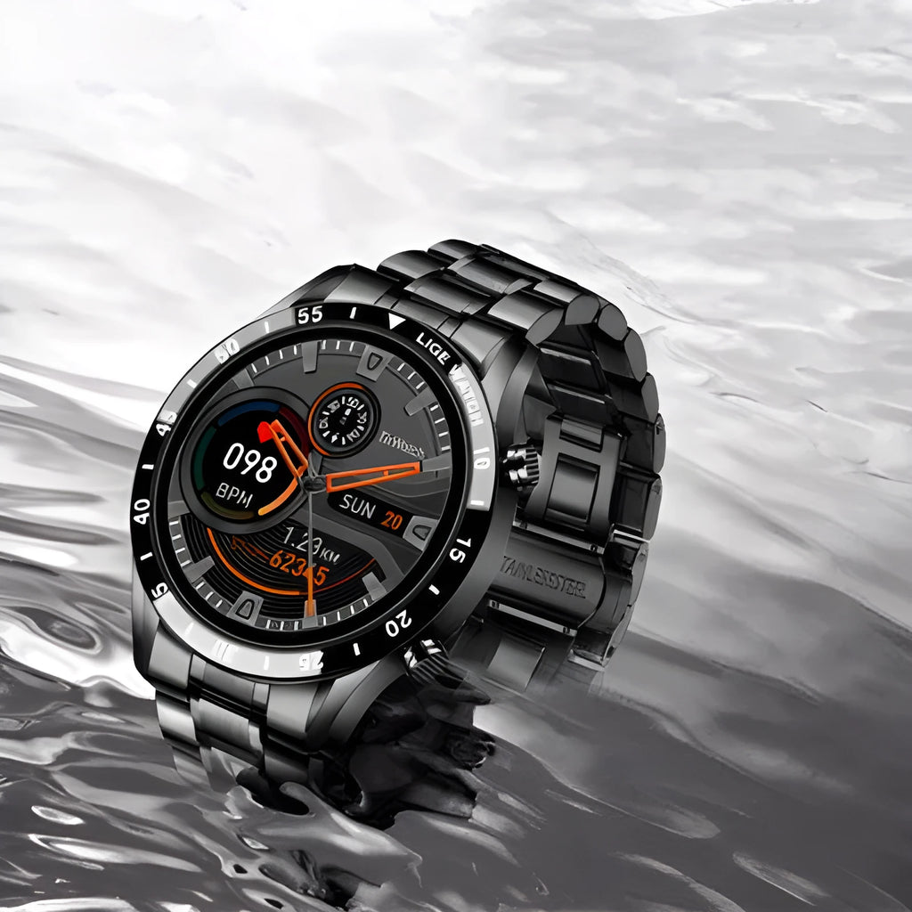 Stainless steel smart watch with black wristband and 1.3-inch touch screen display showing step count