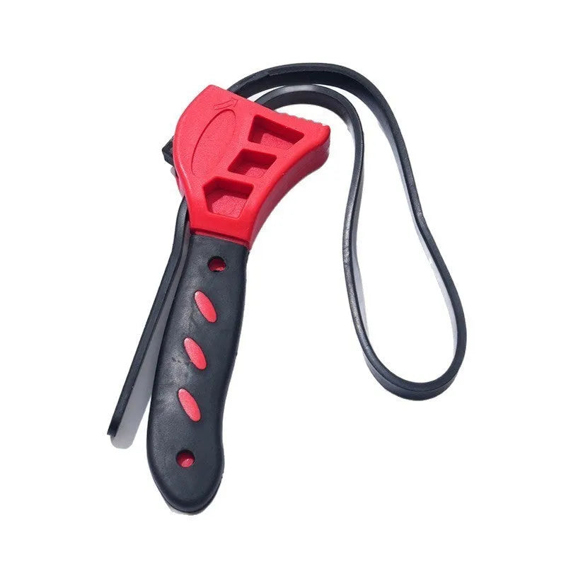 A 6-inch and an 8-inch adjustable rubber strap wrench with a phosphated metal handle.