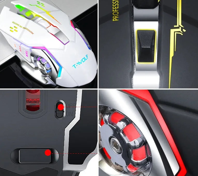 Black and white wireless mouse with USB charging cable showing six buttons and optical sensor