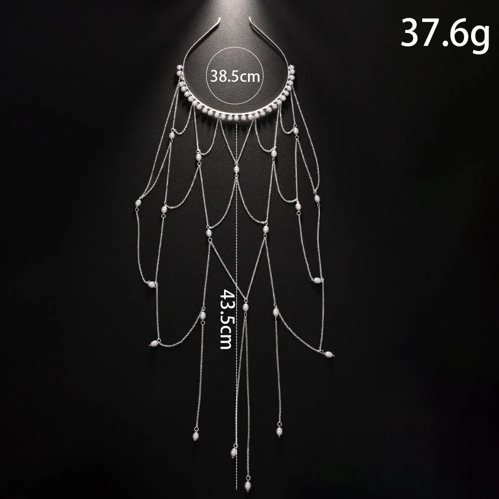 Women's mesh tassel hair chain jewellery in gold or silver colour with pearl decoration