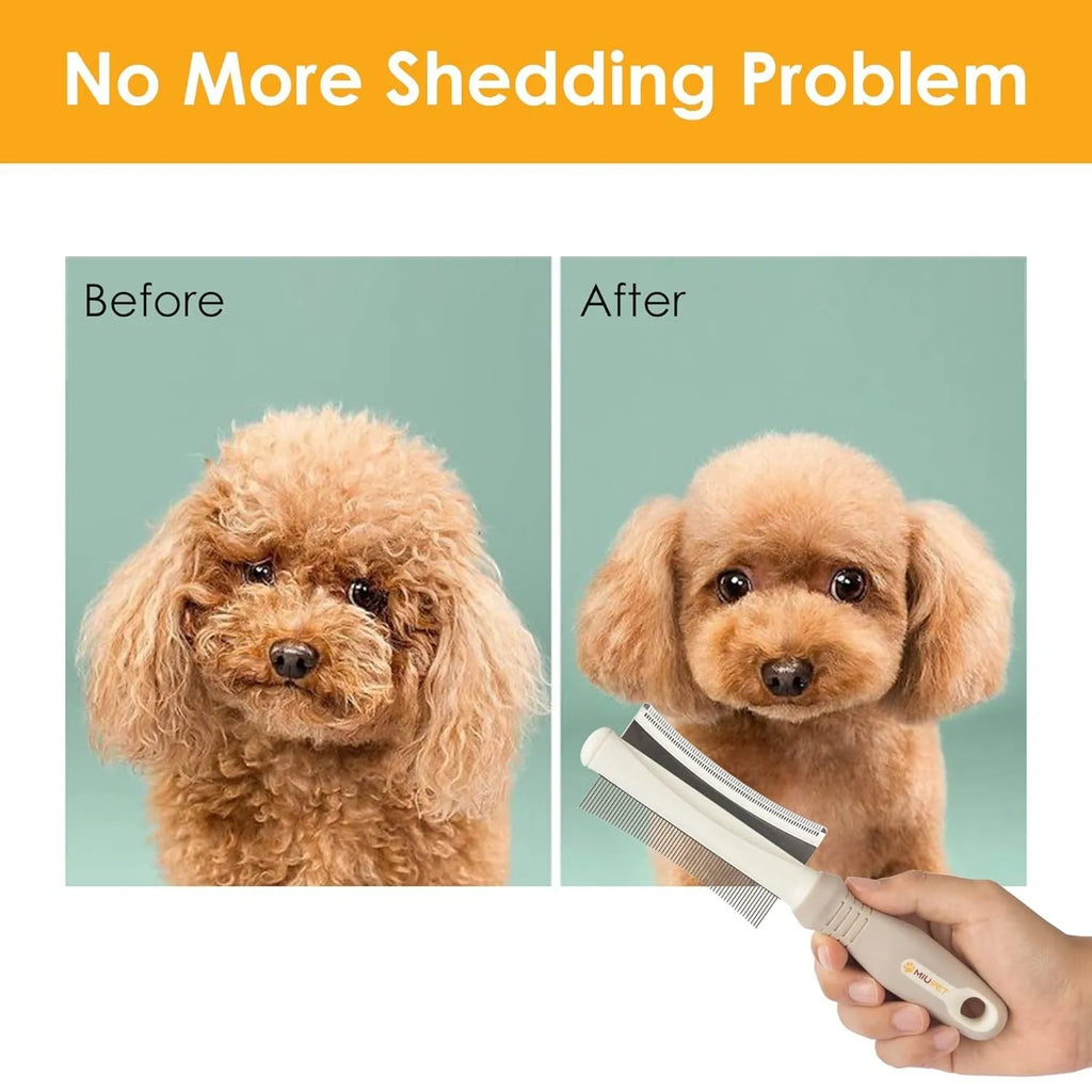 White double-sided dog and cat deshedding brush with curved comb and ergonomic anti-slip handle
