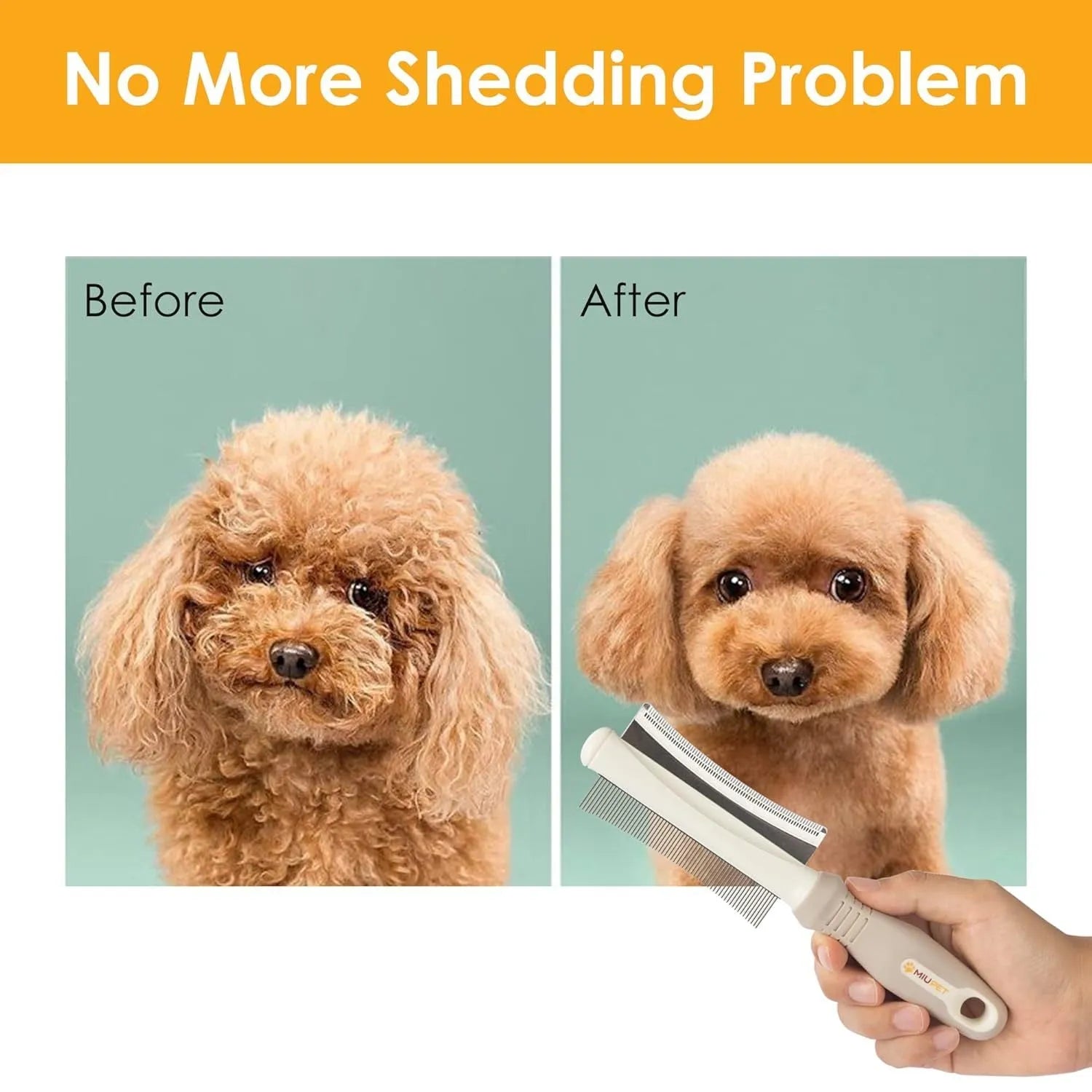 White double-sided dog and cat deshedding brush with curved comb and ergonomic anti-slip handle